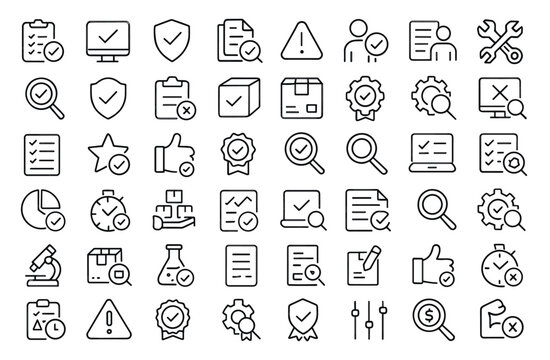 Quality control icon set, testing inspection evaluation traceability standardization compliance infographics mobile app pictograms workflow optimization QA management vector illustration.