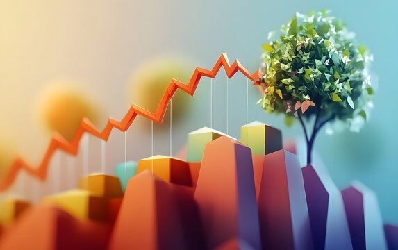 A vibrant illustration of a growth chart with a tree symbolizing sustainability and progress in business. This visual captures the balance between nature and economic growth.