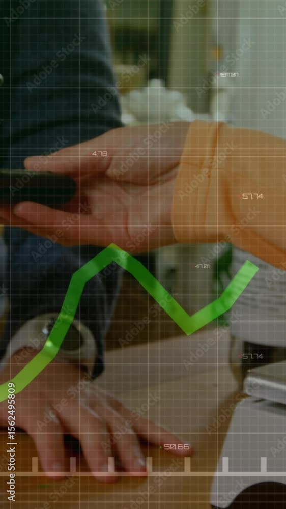 Poster animation of graph and numbers over cropped hands using nfc technology over cellphone