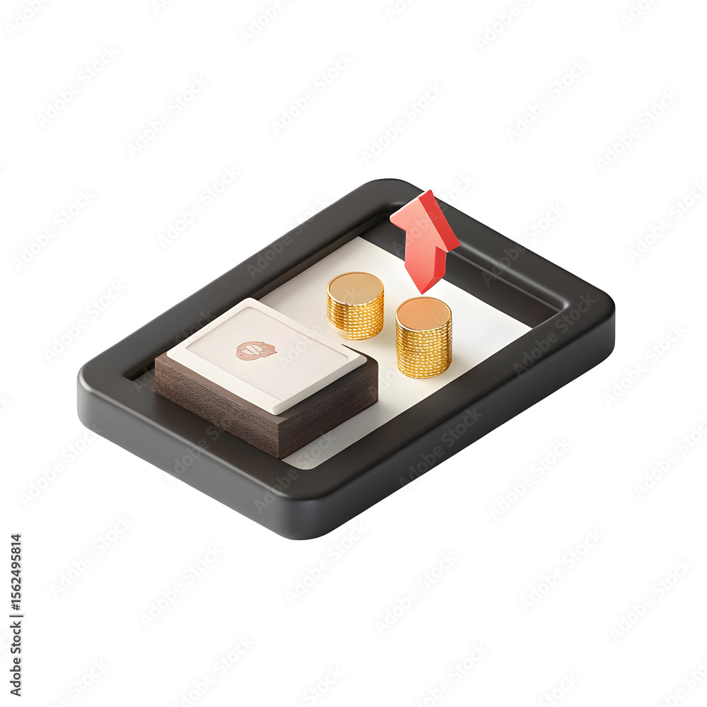 Poster trading coins and cards with upward arrow isolated on a transparent background