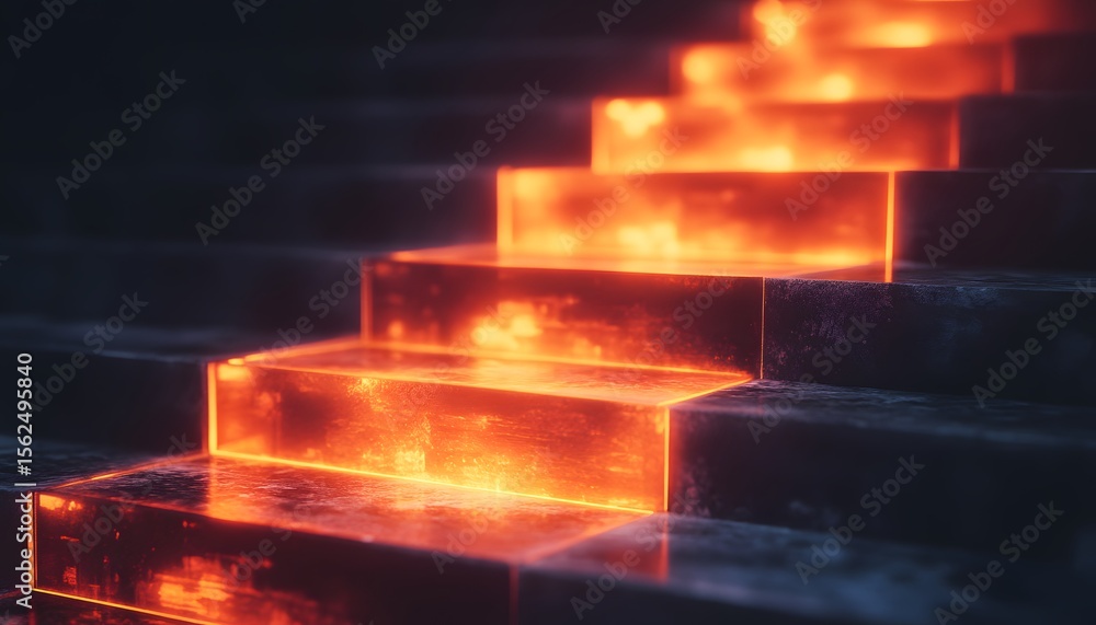 Poster an artistic representation of glowing steps that symbolize a fiery staircase. the illuminated blocks
