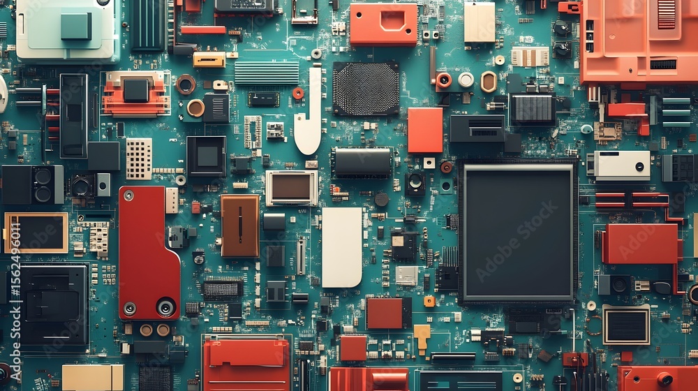 Aufkleber close-up view of a colorful circuit board filled with electronic components and chips.