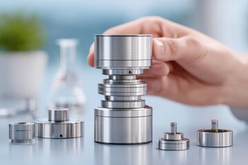 Close-up of a human hand carefully assembling precision metal components in a clean laboratory setting.