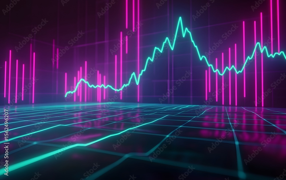 Poster futuristic data visualization with neon elements showing fluctuating analytics trends.