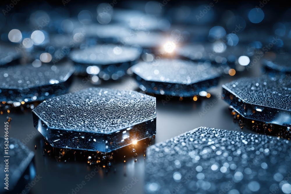 Poster abstract dark blue hexagons with granular texture and sparkling light.