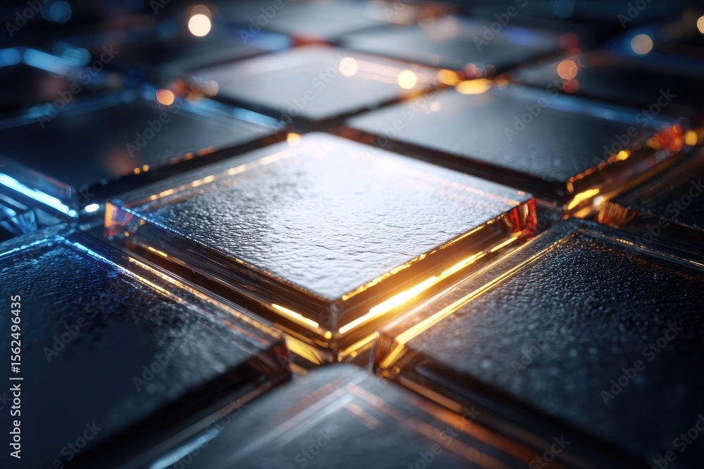 Poster abstract illuminated grid of textured glass blocks with glowing light.
