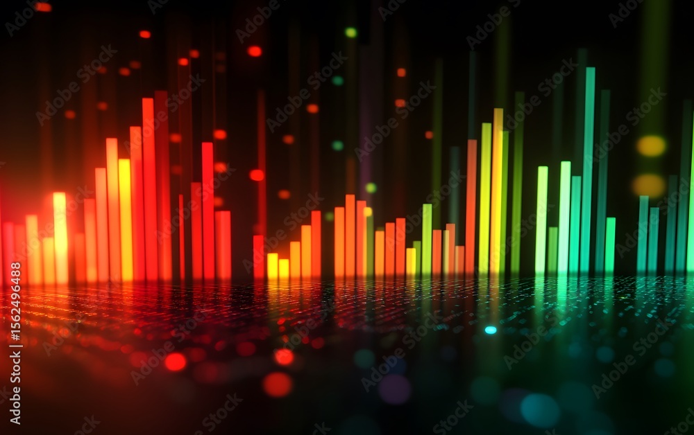 Poster vibrant audio visualization with colorful bars and glowing elements on a dark background.