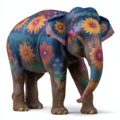 Traditional artwork, Majestic indian elephant adorned with vibrant isolated on white background