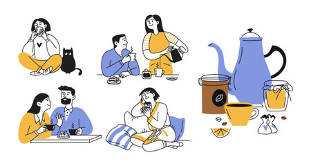 Set of doodles of men and women. People communicating over a cup of hot coffee. Coffee mug at home or in a cafe, restaurant. Vector