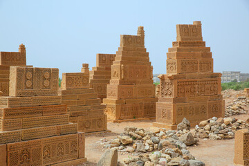 Chaukhandi cemetery near Karachi, Pakistan. Ancient islamic carved tombs made from sandstone. 