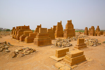 Chaukhandi cemetery near Karachi, Pakistan. Ancient islamic carved tombs made from sandstone. 