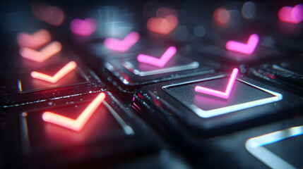 Abstract digital checklist interface with checkmarks and glowing bokeh lights, representing progress, completion, and data processing.