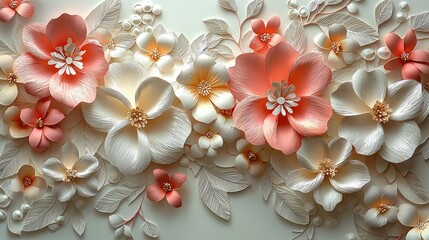 Detailed arrangement of paper flowers in soft peach and cream tones.