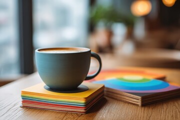 Warm coffee in a colorful mug on rainbow coasters in a cozy cafe setting.