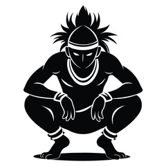 Powerful Silhouette of a Tribal Warrior in a Crouching Posture