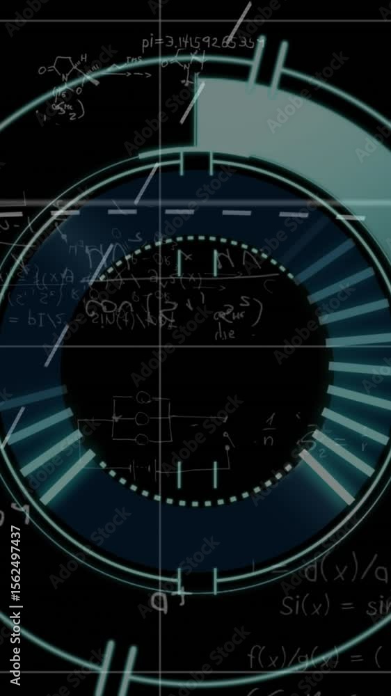 Poster animation of lines on loading circles over mathematical equations against black background
