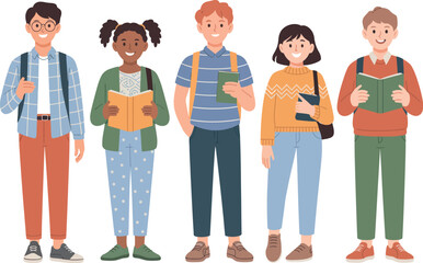 Illustration of five diverse students with backpacks and books standing in a row on white background


