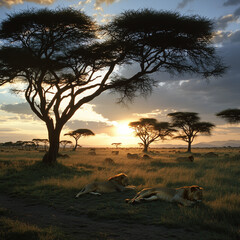 Naklejka premium The sun sets behind acacia trees.