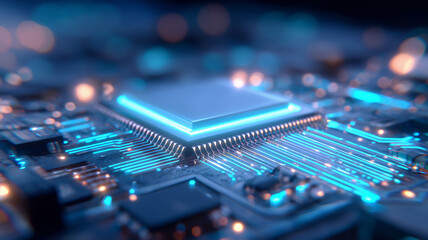 Futuristic Quantum-Inspired Chipset: glowing blue processor core powering next-generation computing on sleek motherboard.
