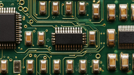 Gold Traces on Vintage PCB: macro capture of intricate circuit pathways and components on classic green motherboard.
