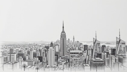 Fototapeta premium a high angle drawing illustrates a vast cityscape under a bright, expansive sky