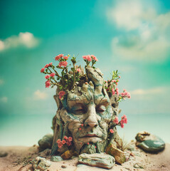 Ancient stone face overgrown with wildflowers in surreal desert landscape