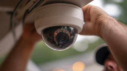 Professional Dome Security Camera Installation: technician mounts advanced surveillance hardware for smart-home protection.
