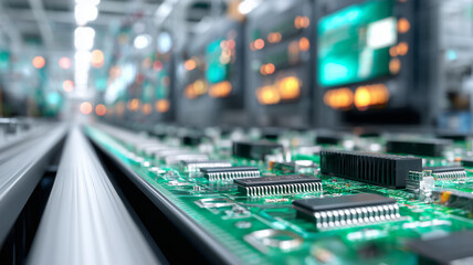 Fototapeta premium High-Tech PCB Assembly Line: printed circuit boards advance through automated electronics manufacturing in Industry 4.0 factory. 
