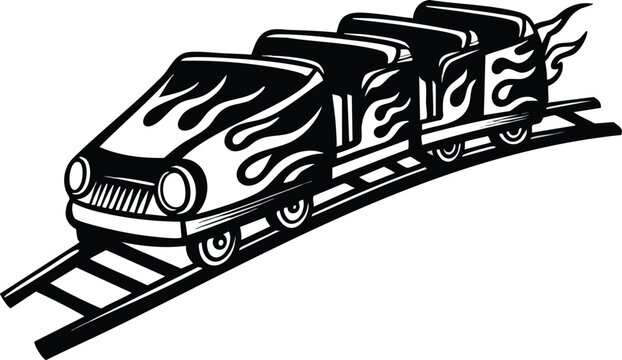 Roller coaster train with flames design on track vector illustration in black and white style
