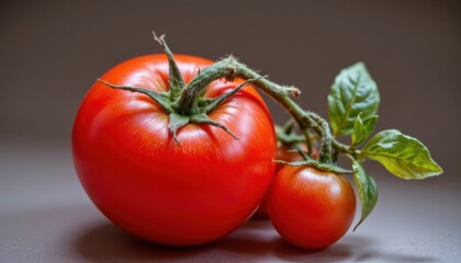 the image shows a pair of red fruits still attached to a segmented green stem with leaves. one fruit is much larger than the other, exhibiting a vibrant, shiny skin