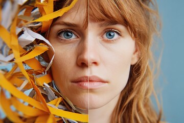 Abstract split portrait displaying contrasting halves of a woman's face and colorful paper elements