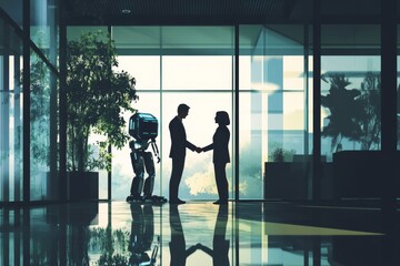 Silhouette of business meeting with robot in modern office setting