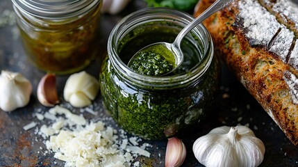 A jar of fresh pesto with a spoon dipped into it, surrounded by garlic cloves, grated Parmesan, and a rustic bread loaf.