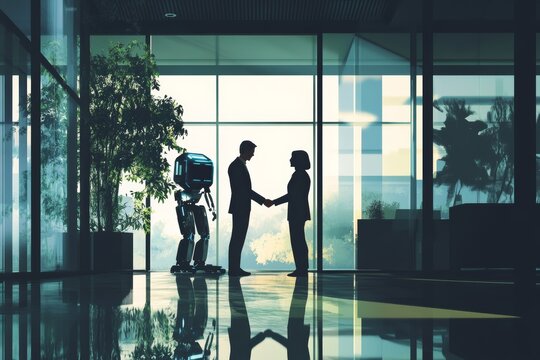 Silhouette of business meeting with robot in modern office setting
