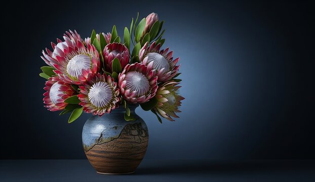 An ethereal, softly lit still life of a bunch of different protea flowers in a ceramic pot against a dark background