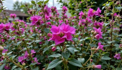 the image presents a close up view of vibrant blossoms surrounded by lush greenery, filling much of the frame