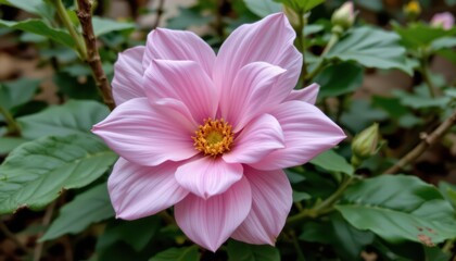 a large pink flower is presented in sharp focus, positioned towards the center of the view. the flower has many petals arranged in a circular pattern