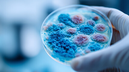 Microbial Culture Analysis: vivid blue and red mold colonies in a petri dish reveal biotechnology breakthroughs and antimicrobial research.
