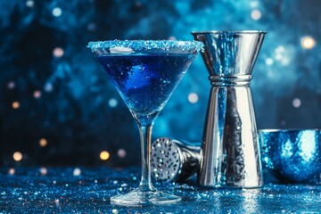 Sparkling blue cocktail in a glass with shaker and glitter background