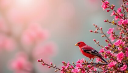 the image shows a red bird perched on the branch of a tree filled with pink flowers and buds. the bird has a vivid red plumage with dark wings and a yellow beak