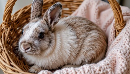 Naklejka premium a small rabbit with light and brown fur sits comfortably inside a woven basket. the animal's fur appears to be soft and well groomed, with distinctive markings across its head and body