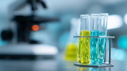 Colorful Chemical Analysis: vibrant yellow and cyan test tubes stand before a blurred microscope, symbolizing dynamic scientific research.
