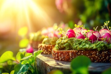 Fresh avocado toast with radishes in sunlit garden setting