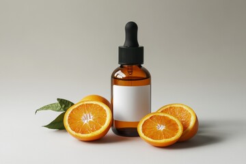Liquid serum presented in an amber glass bottle with a black cap and blank label. Fresh halved oranges are placed beside the product, set against a soft light grey background