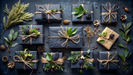A meticulously arranged collection of elegantly wrapped gifts adorned with natural greenery and rustic accents creates a festive holiday scene