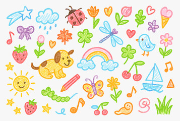 Colorful Crayon Doodle Clipart  Cute Hand Drawn Kids Elements