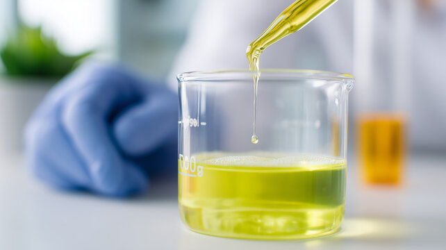 Pharmaceutical Formulation Development: precision pipette dispenses a golden reagent into a controlled beaker environment for drug research.
