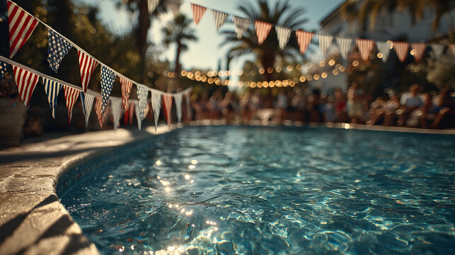 Independence day celebration. American flag bunting outdoor pool summer day patriotic holiday family, family gathering holiday, 4th july - Powered by Adobe