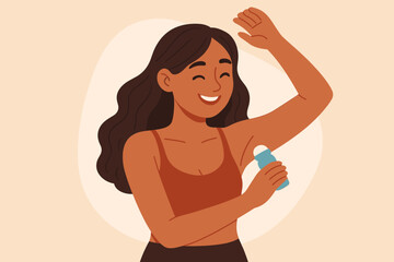 Young woman applying roll-on deodorant to underarm, personal hygiene and skincare routine, daily self-care, modern flat cartoon vector illustration, healthy lifestyle, beauty concept