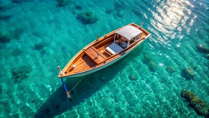 Obraz premium A classic wooden boat floats serenely in crystalclear turquoise water, bathed in sunlight